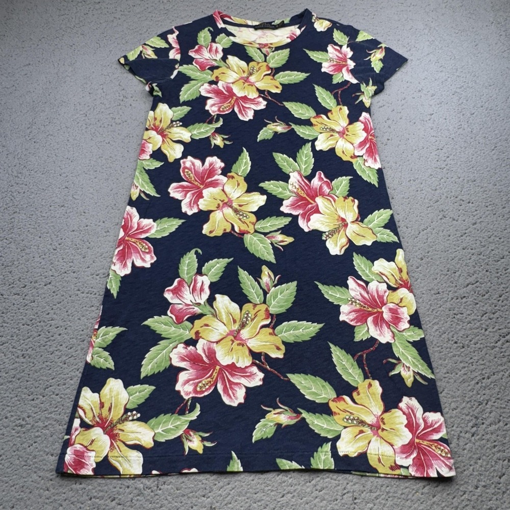 Polo Ralph Lauren Dress Womens XS Blue Floral A-Line T-Shirt Short Sleeve Aloha